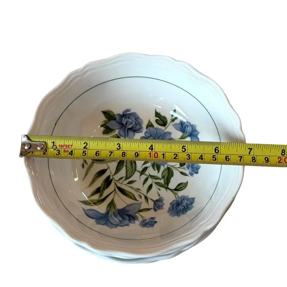 Envogue Blue Floral Salad Bowls 7in Porcelain Set of 4 Scalloped New
